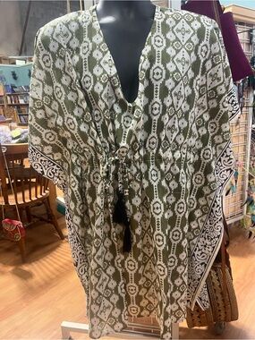 Sacred Threads Olive & White Printed V-Neck Drawstring Tunic